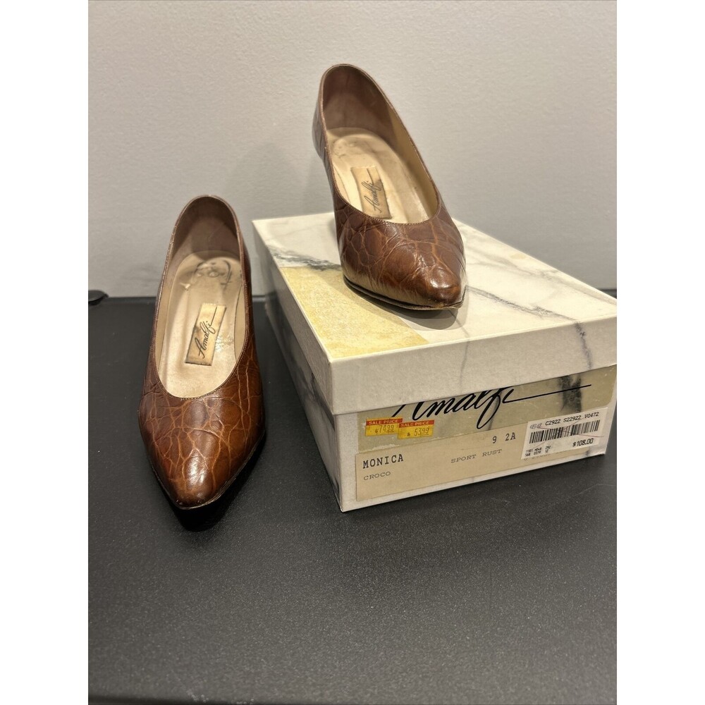 Vintage AMALFI Brown Leather Croco Textured MONICA Heels Womens 9AA Italy-B124